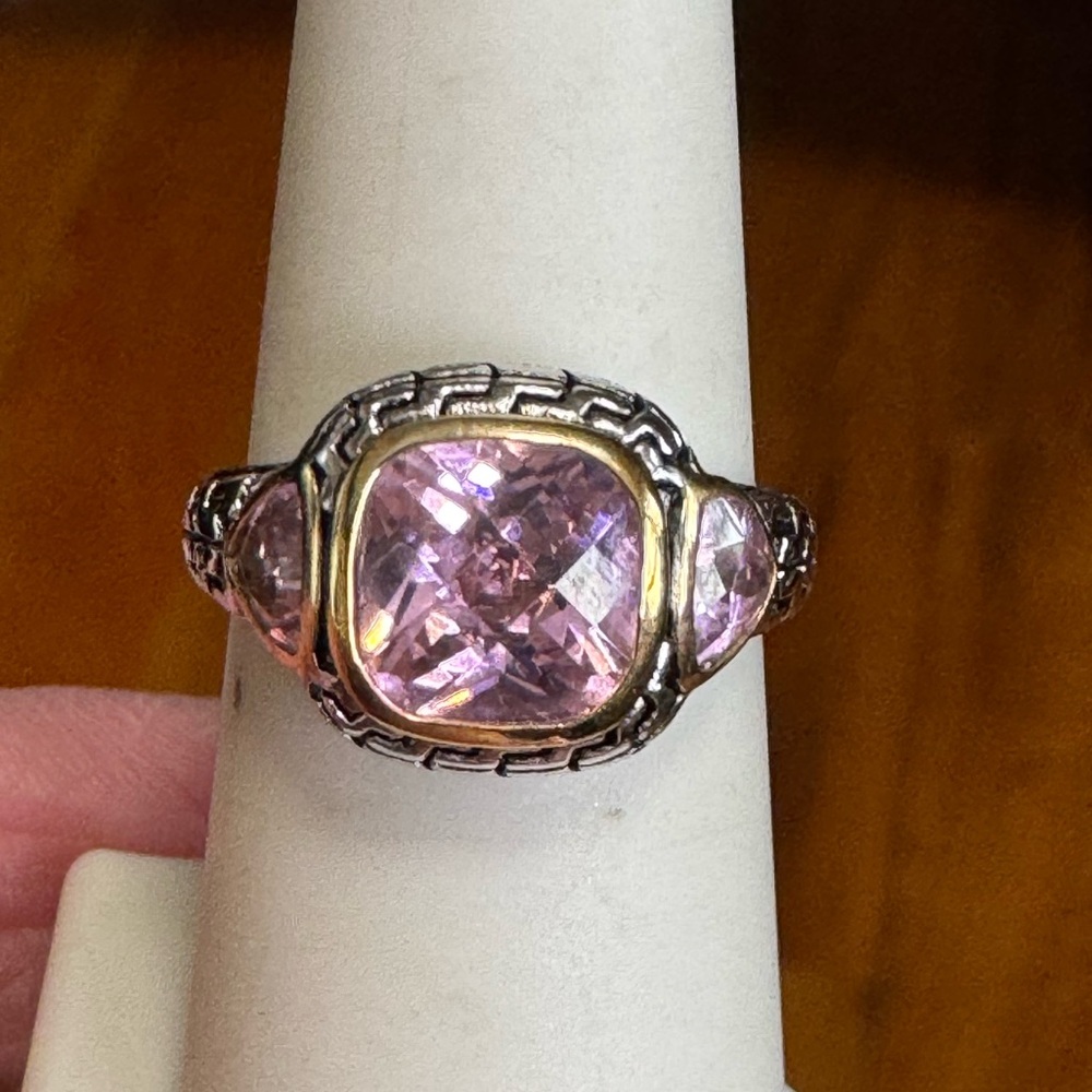 925 Cushion Checkerboard Cut Pink Morganite Ring - Picture 1 of 7